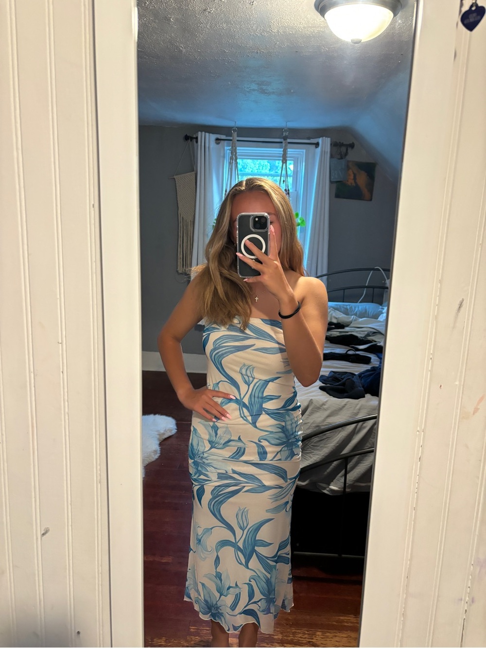 See You Monday Cream Strapless Midi Dress with Blue Floral Print